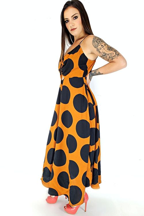 vestido midi laranja poa preta